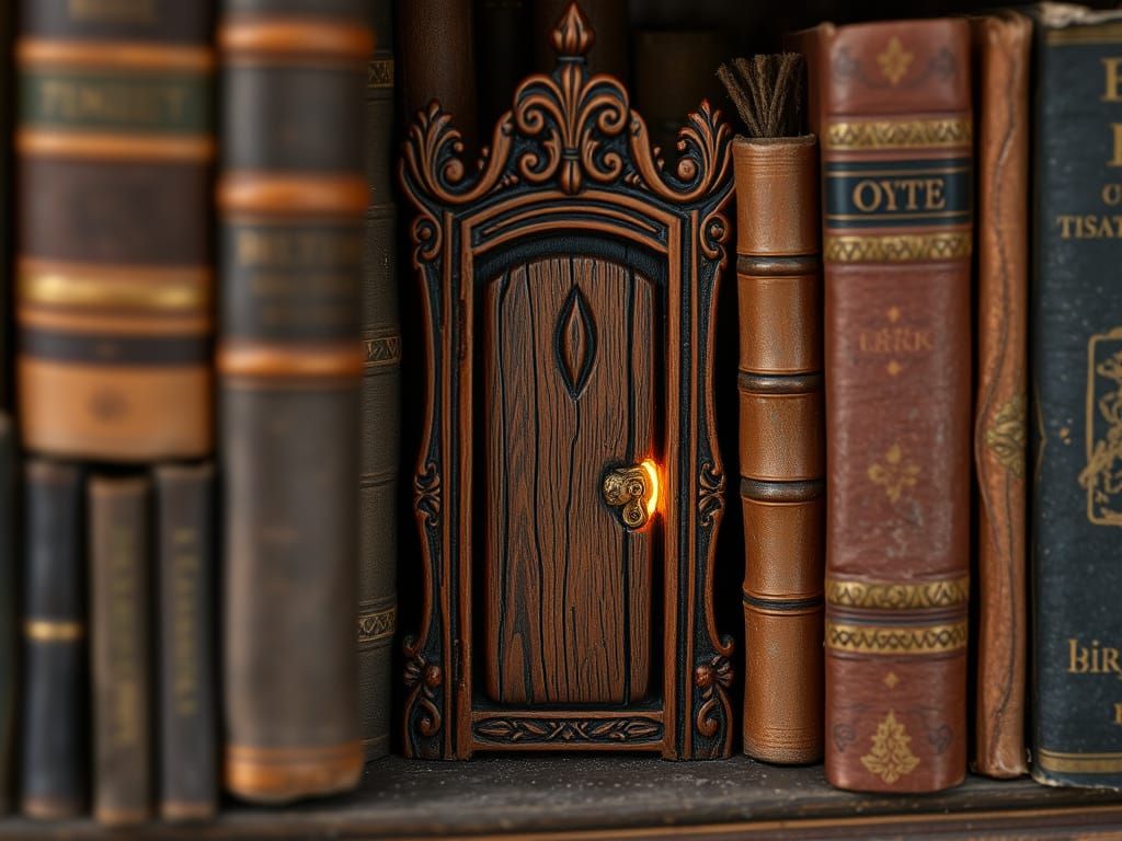 Magical Wooden Door on Antique Bookshelf