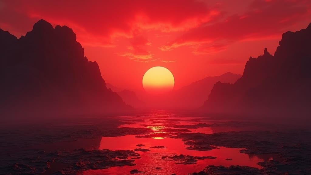 Hyperrealistic Landscape in Intense Red Light as 3D Render