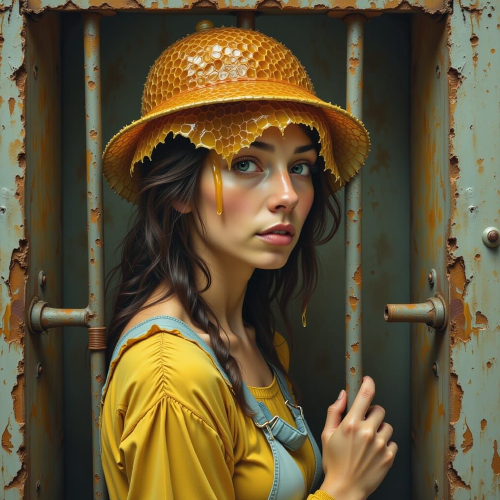Woman with Honeycomb Crown Behind Prison Bars