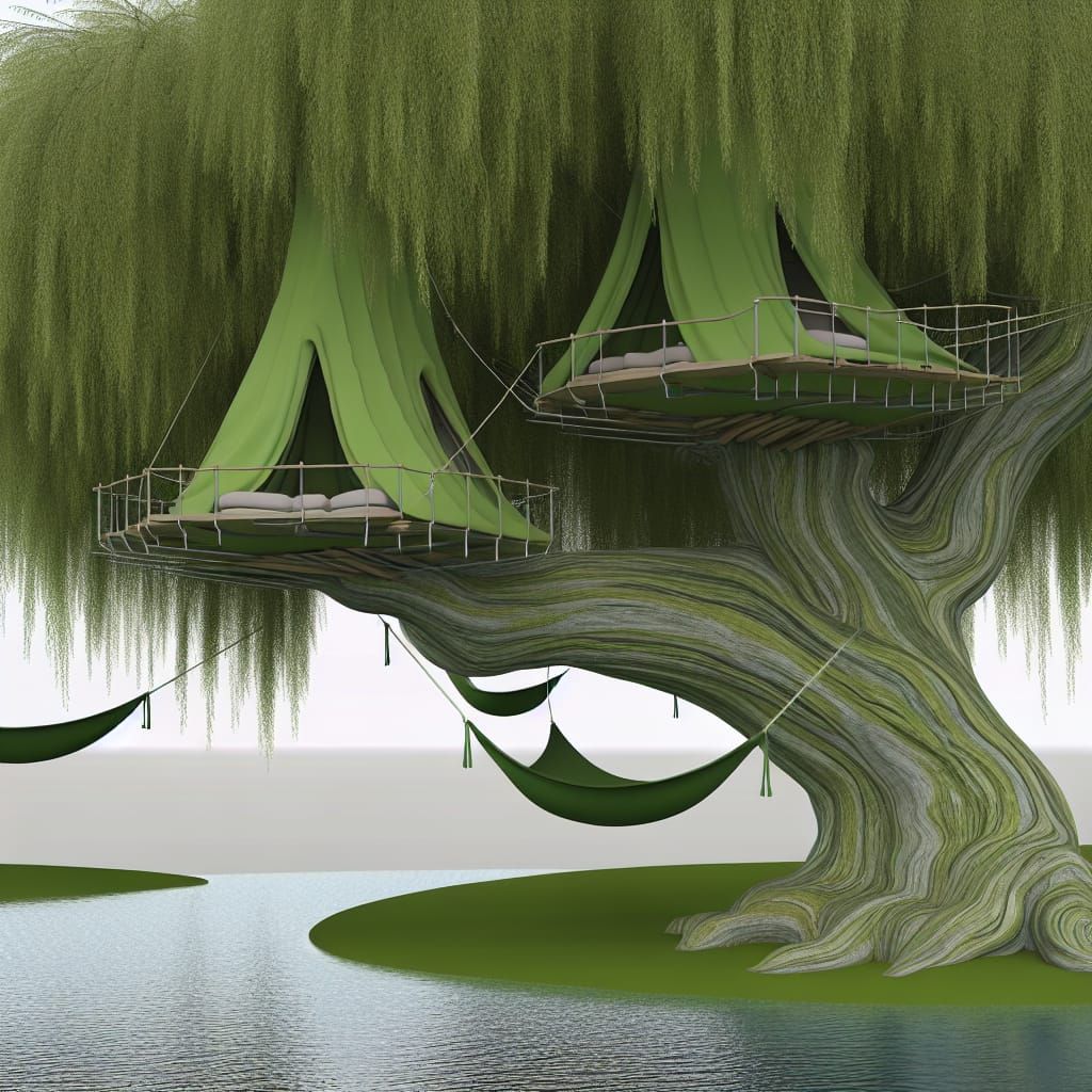 Whimsical Willow Treehouse with Hammocks in 3D Style