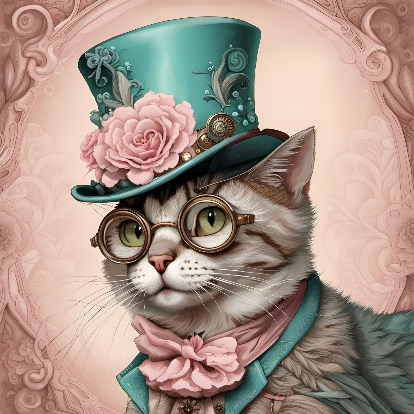 Steampunk Cat with Glasses and Top Hat