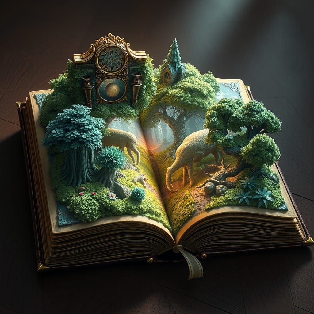 Enchanted Forest Emerges from Antique Book, Fantasy Art
