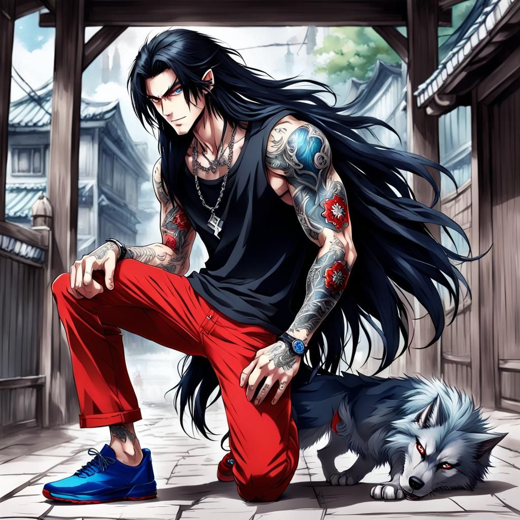 Anime Style Man with Tattoos and Necklace