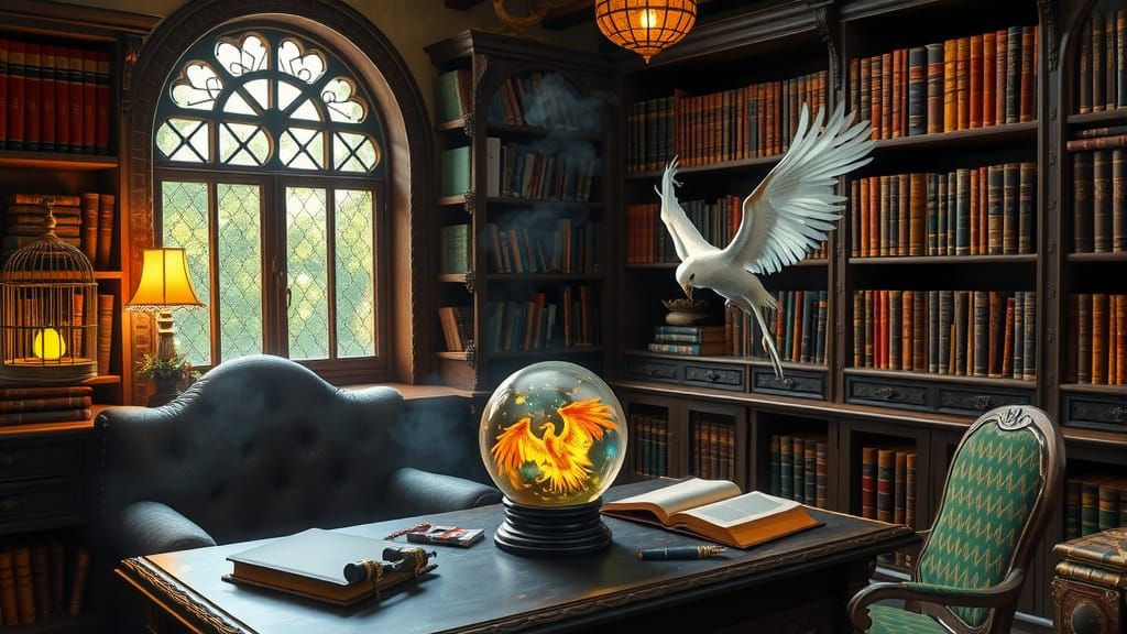Mystical Wizard's Sanctum with Ancient Tomes and Magical Cur...