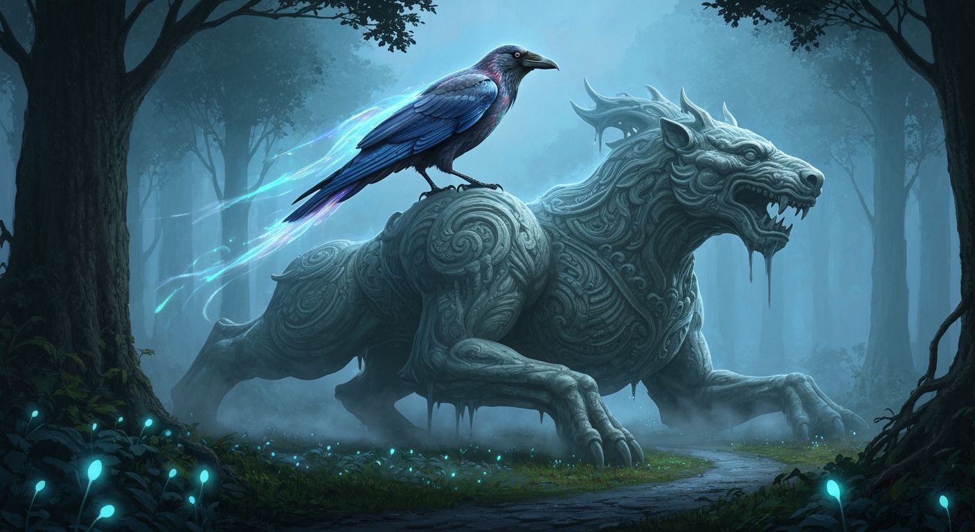 Bio-luminescent Crow on Mythic Sculpture in Twilight Forest