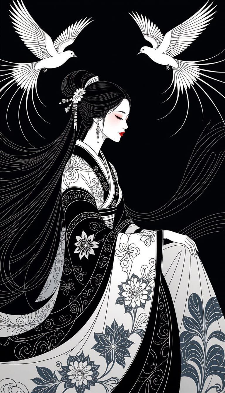 Elegant Asian Woman Portrait in Fine Line Art