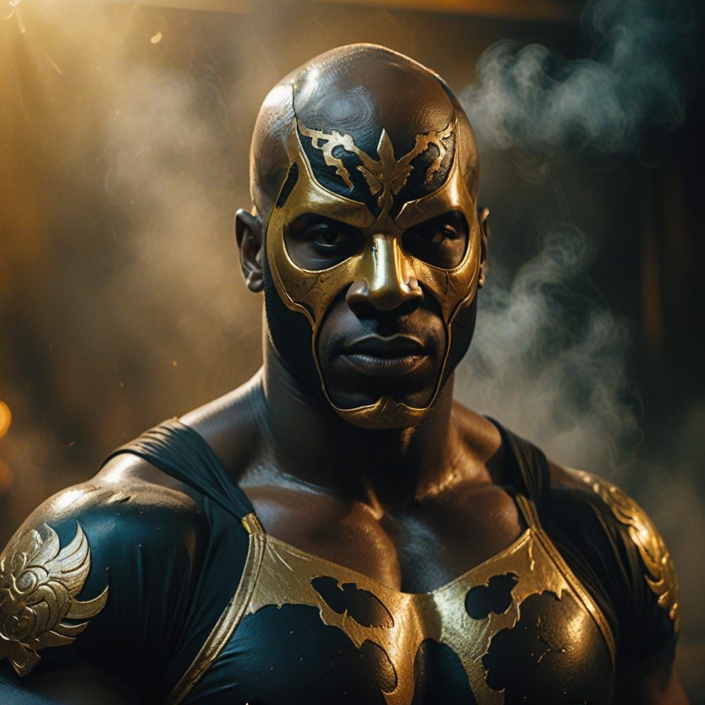 Afro-French Wrestler in Black Costume: Hyperrealistic Oil Pa...