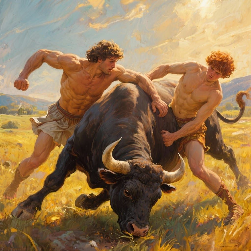 Theseus Wrestles Cretan Bull in Classical Oil Painting Style