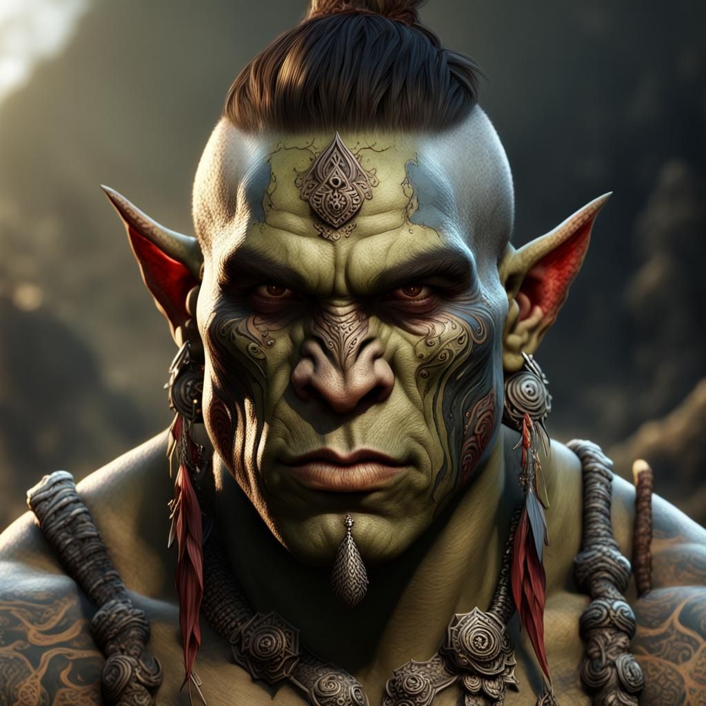 Handsome Orc Warrior with Tribal Tattoos, Detailed Matte Pai...