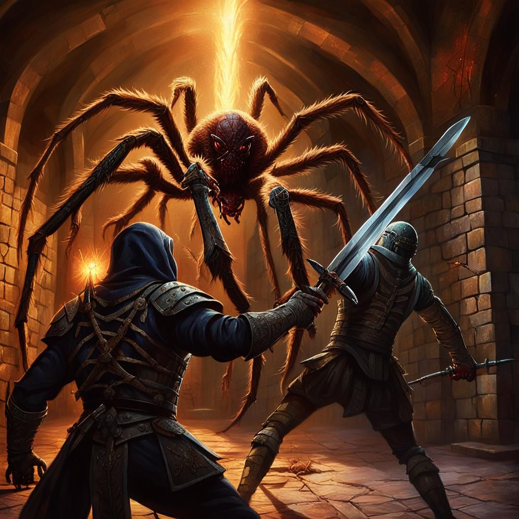 Warrior Versus Spider in Dark Castle Room
