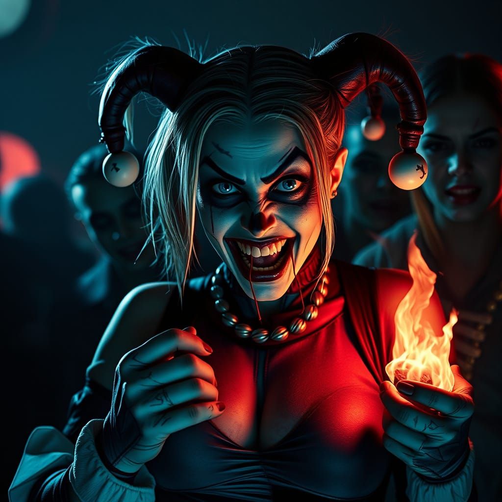Zombie Harley Quinn Throws Dynamite in Neon Cityscape