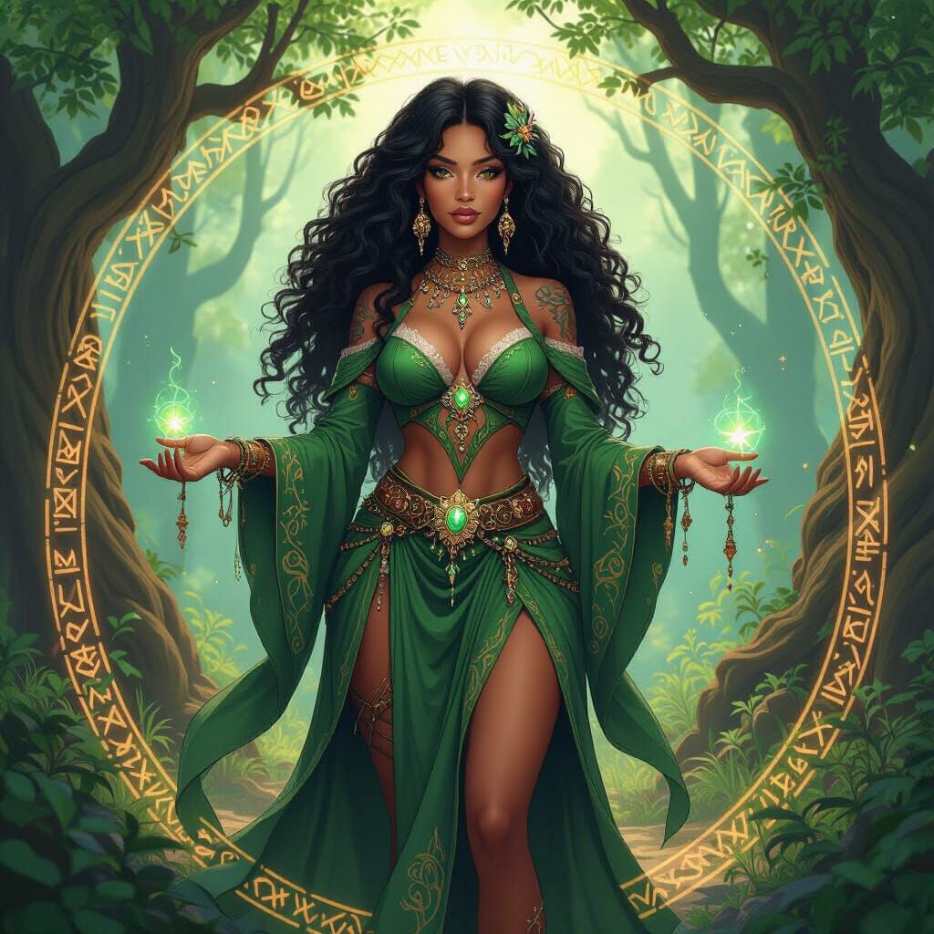 Afro-Latina Sorceress with Emerald Hair, in Art Nouveau Styl...