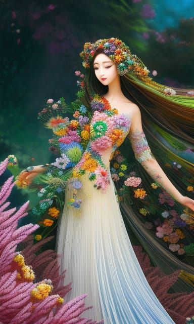 Laughing Woman in Floral Mycelium Network: Anime Style