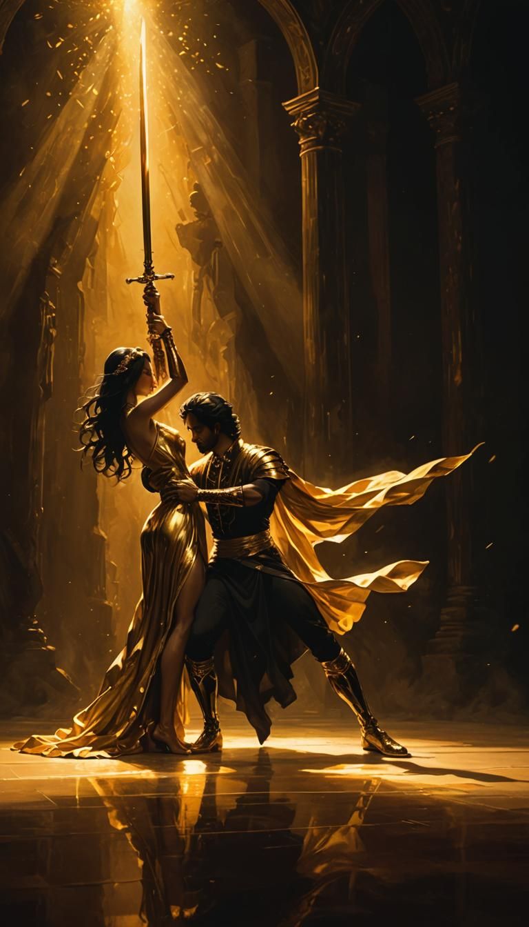 Golden Warrior and Shadow Dance in Dramatic Light