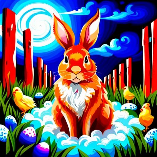 Fluffy Bunny and Chicks in Graffiti Art Style