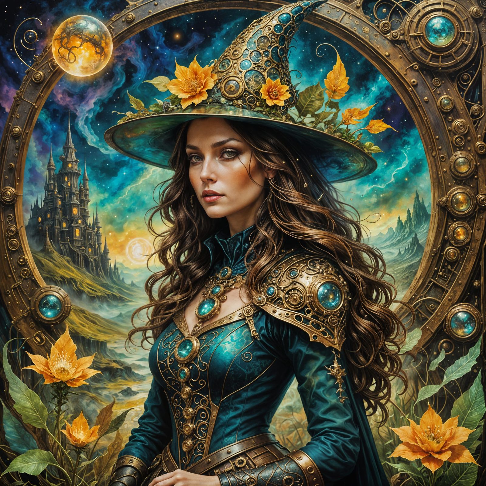 Steampunk Witch in Jurassic Spaceship: Surrealist Painting