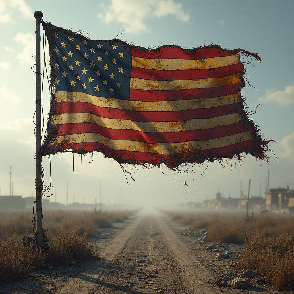Post-Apocalyptic American Flag in Dystopian Wasteland