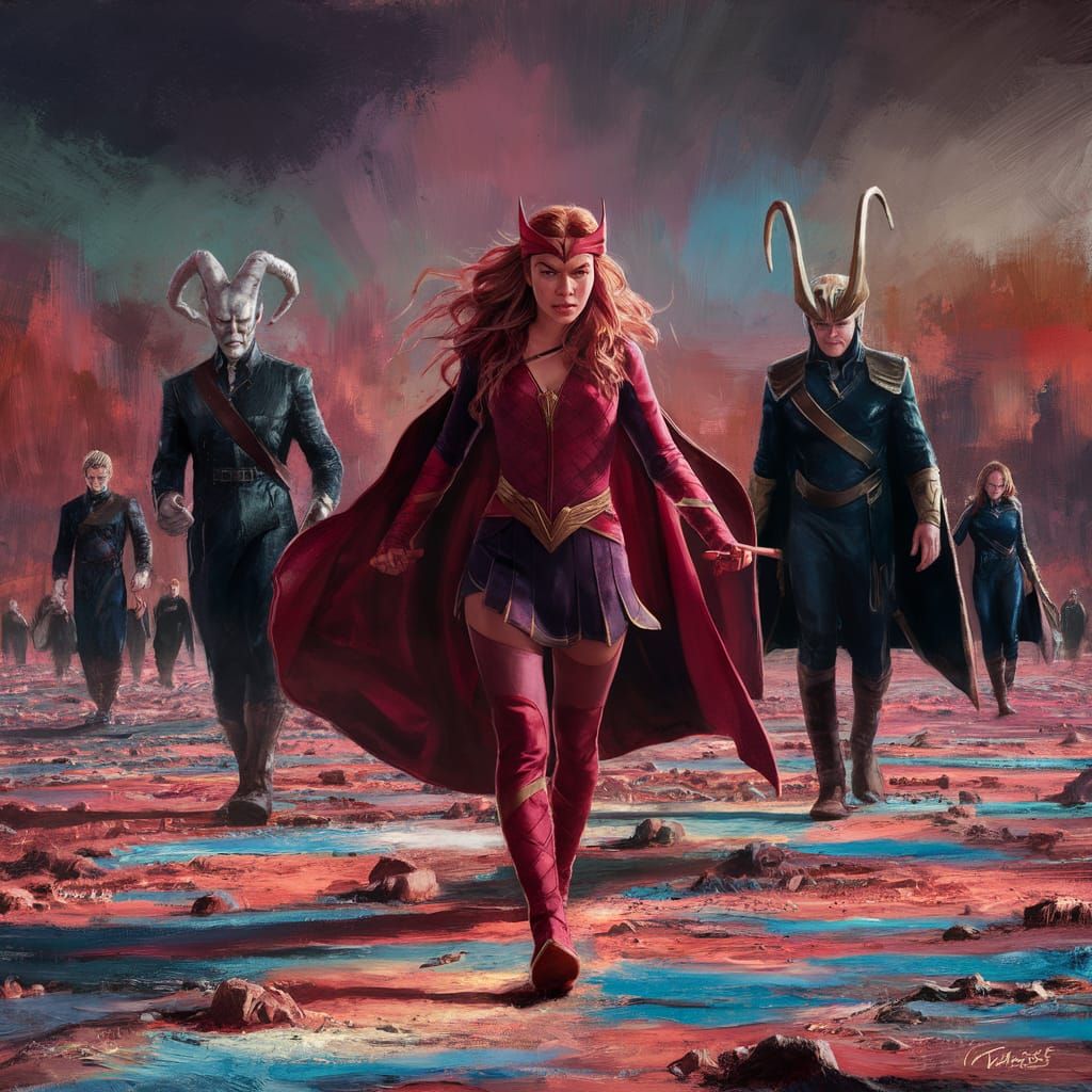 Splash page in the style of Alex Ross, "Wanda Maximoff The Scarlet Witch," leads a team of herself the Marvel version s ...