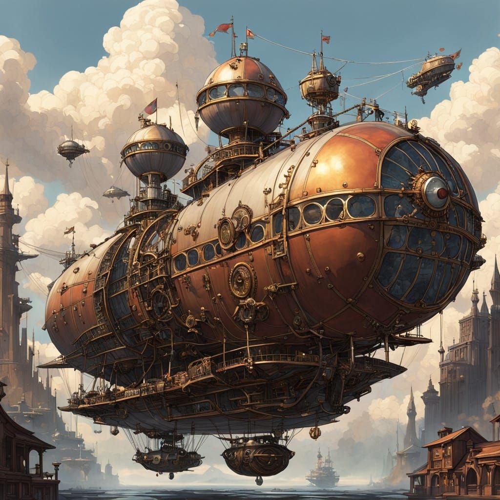 Majestic Steampunk Airship City with Copper Pipes and Golden...