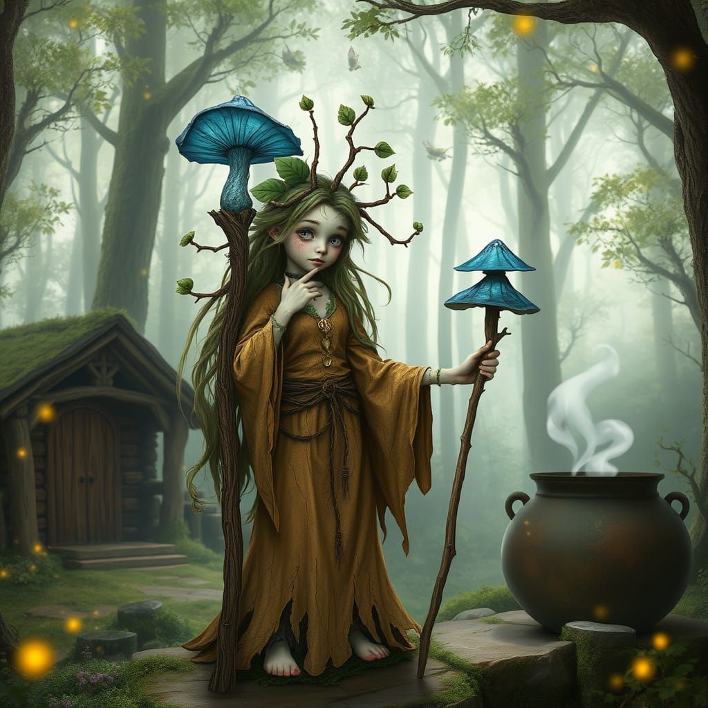 Whimsical Dryad Witch Child Practices Magic in Enchanted For...