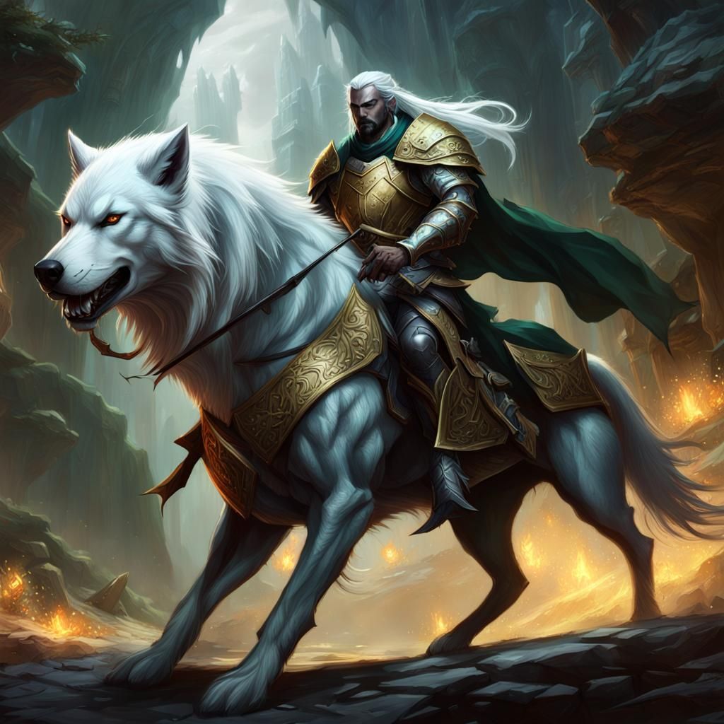 Drow Paladin on White Wolf, Dark Fantasy Art