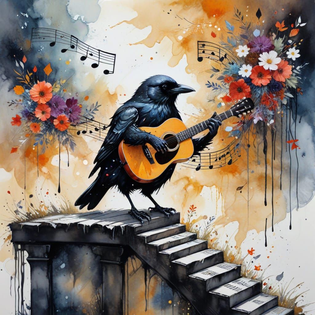 Whimsical Raven Jam Session in Warm Watercolour Style