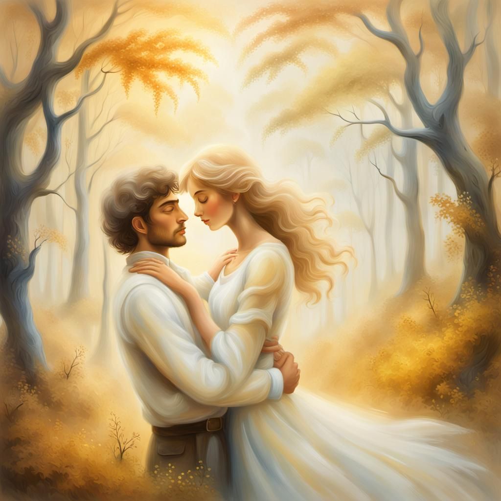Ethereal Couple Embracing in Golden Forest: Dreamlike Oil Pa...