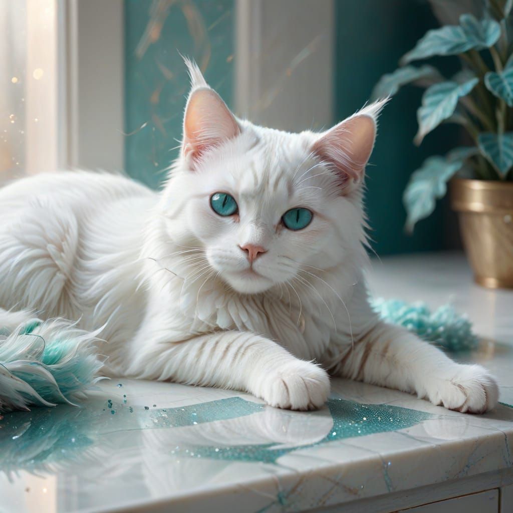 Ethereal White Cat with Teal Stripes on Marble