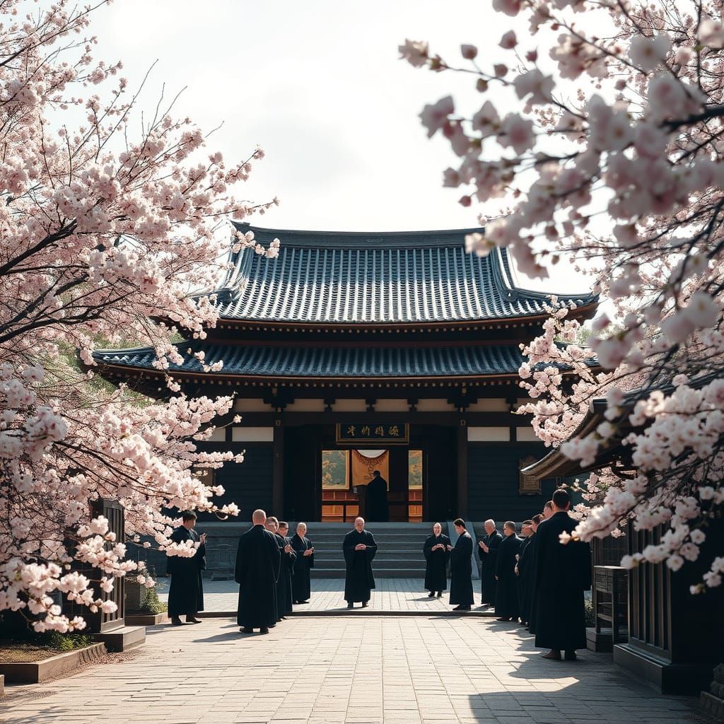 Japanese Temple Fortress Amidst Cherry Blossoms in Sunlight