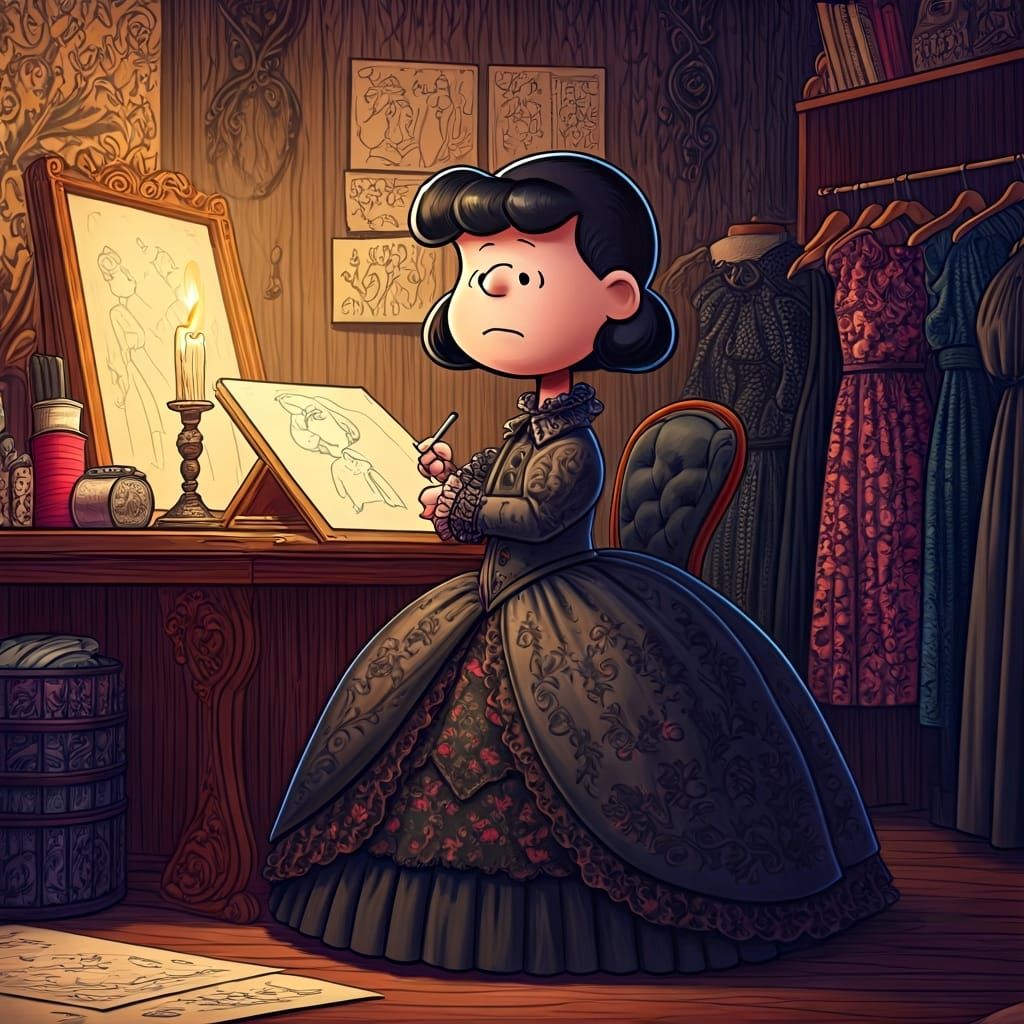 Imagine Lucy Van Pelt from Peanuts as a gothic fashion designer, sketching designs in a candlelit atelier filled with bo...