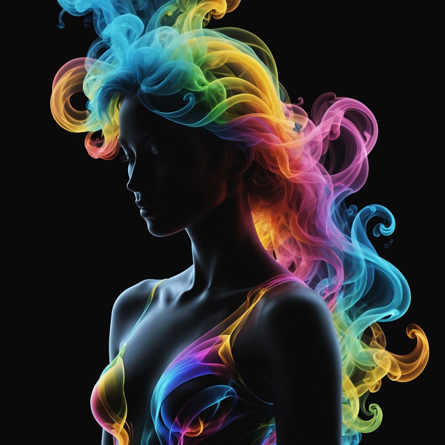 Translucent Woman Silhouette with Rainbow Smoke: 3D Art