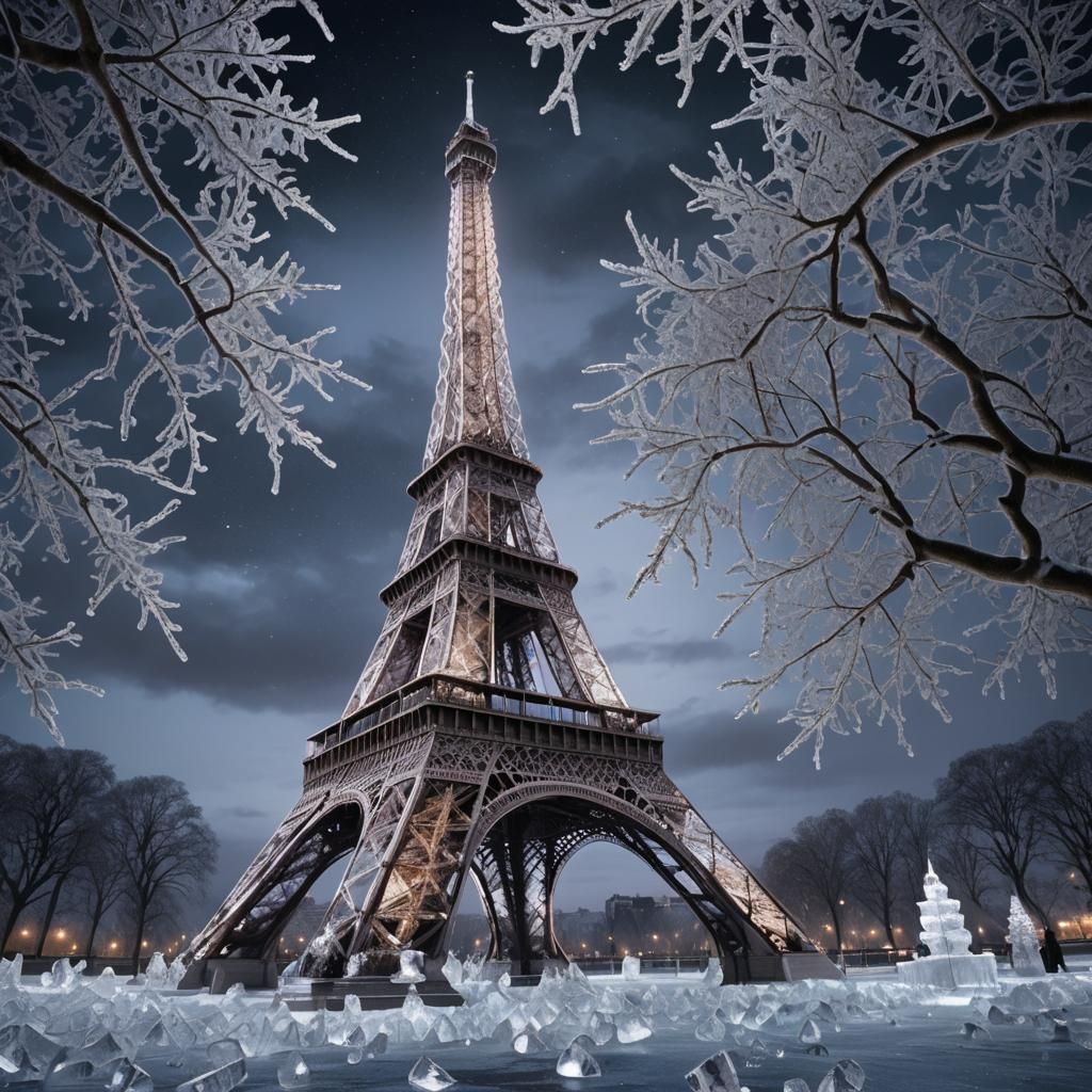 Crystallized Eiffel Tower at Twilight: Photorealistic Digita...