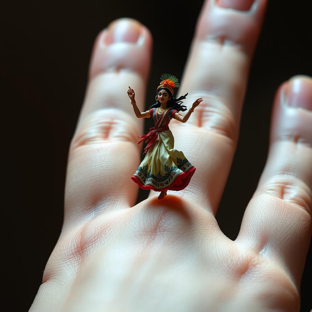 Hyperrealistic Miniature Indian girl dancing on a giant hand