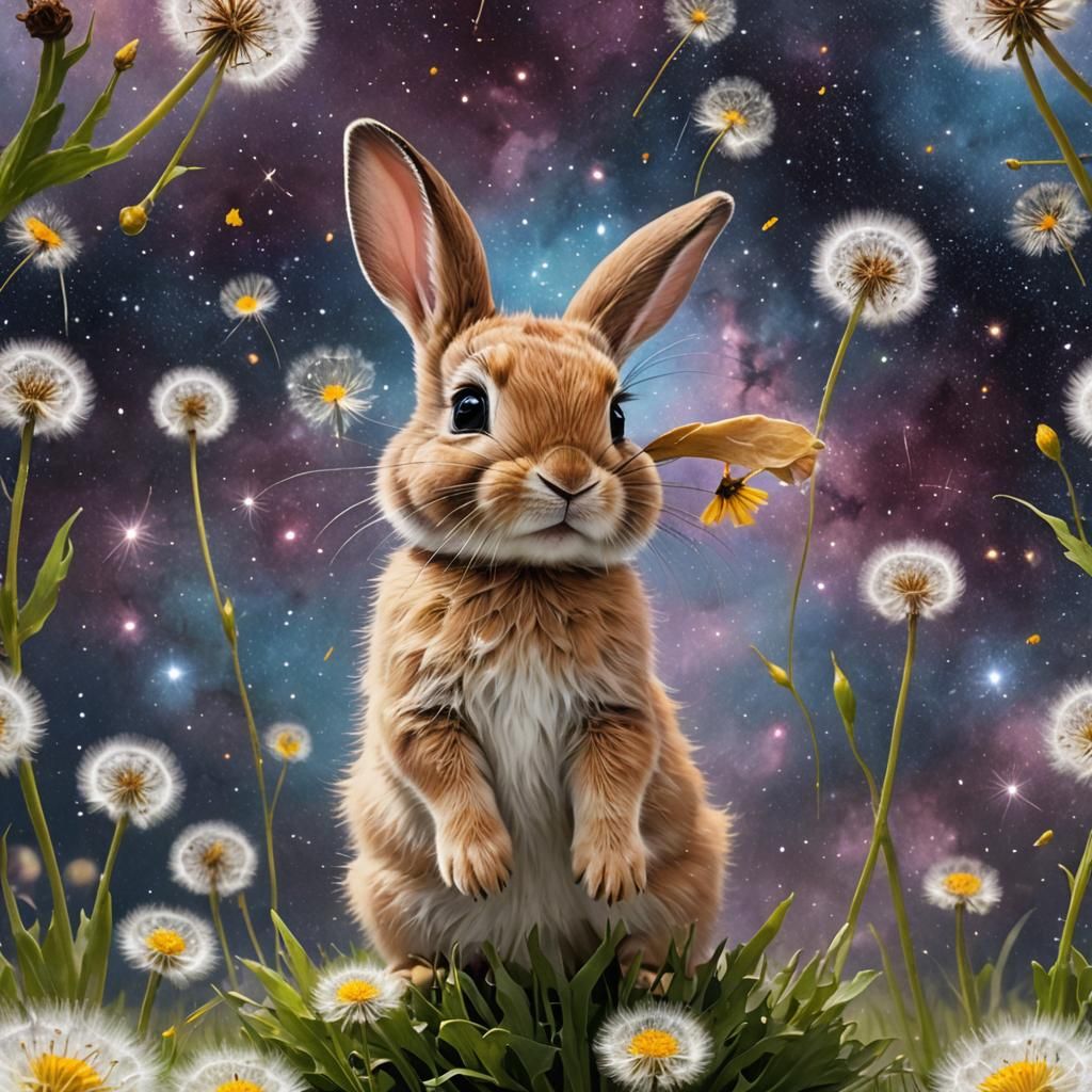 Big eared cute baby bunny in a Dandelion galaxy