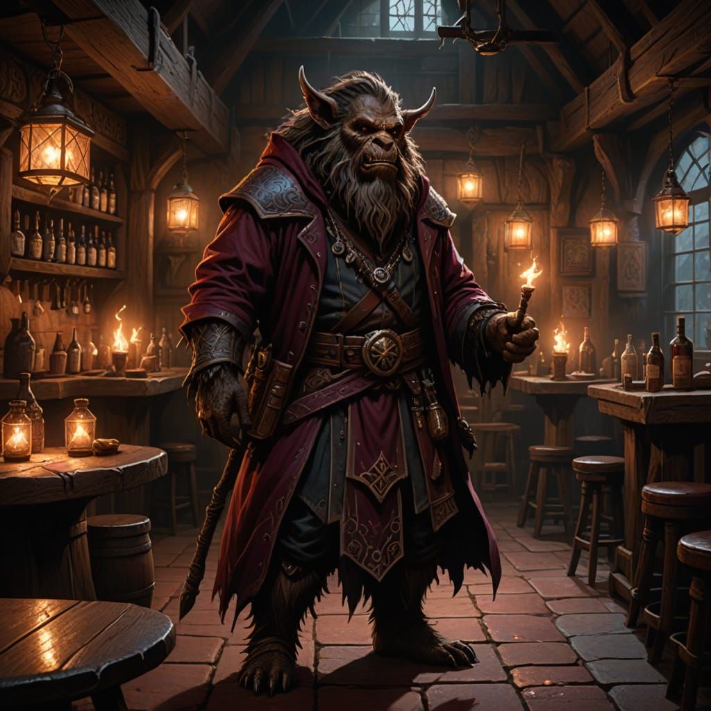 Bugbear Wizard in Dim Tavern: Hyperrealistic Concept Art