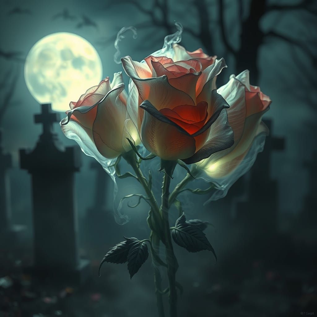 Ghostly Roses in Moonlit Graveyard