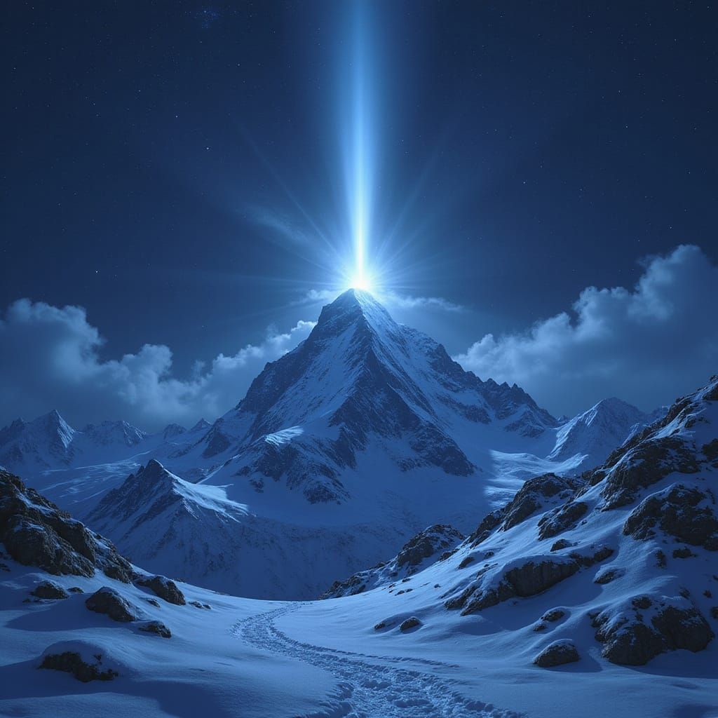Beacon of Light on Snowy Mountain at Night