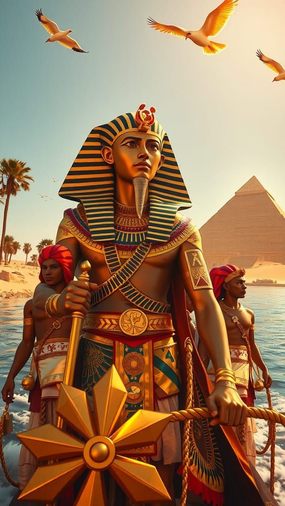 Regal Ancient Egyptian Pharaoh on Golden Barge in Sunset Nil...