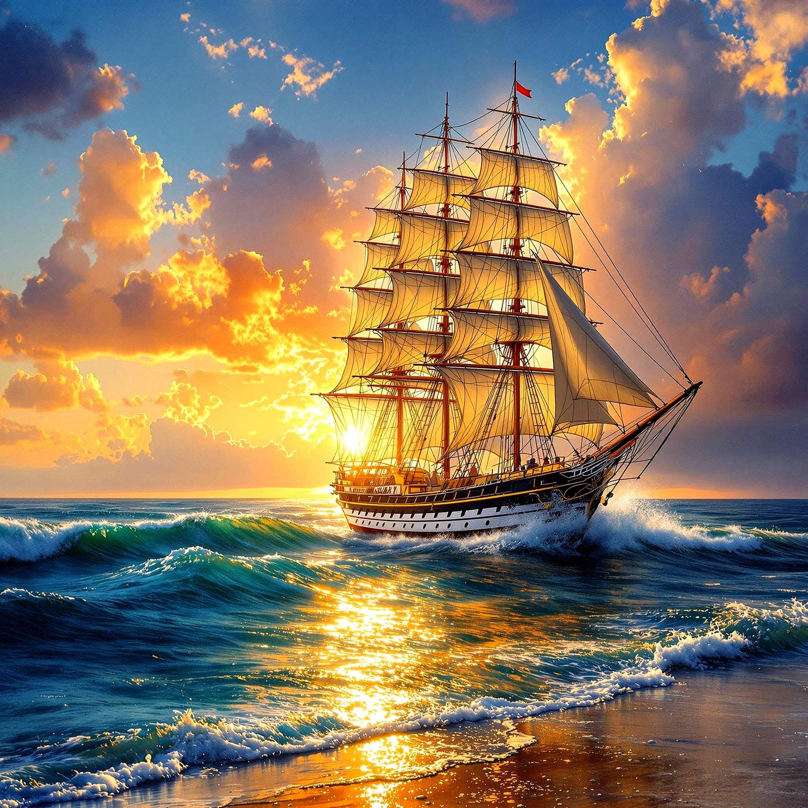 Schooner at Sunset on a Tropical Beach in Photorealistic Oil...