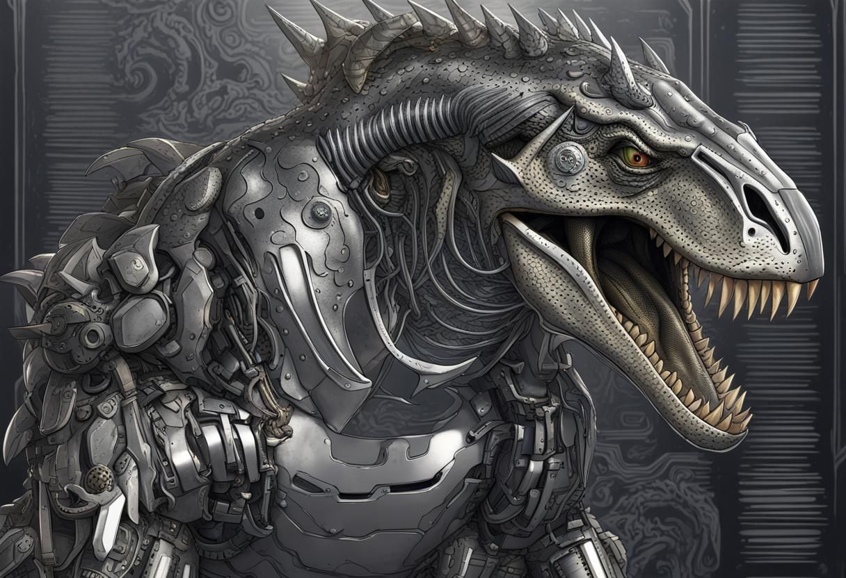 Allosaurus Cyborg with Dragon Head in Metallic Style