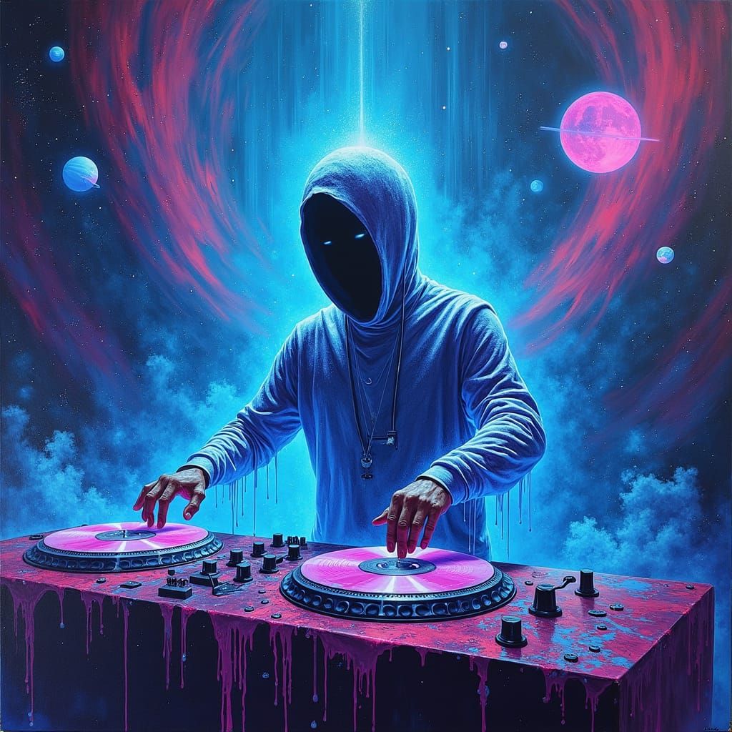 Ethereal Ghost DJ in a Neon Nebula
