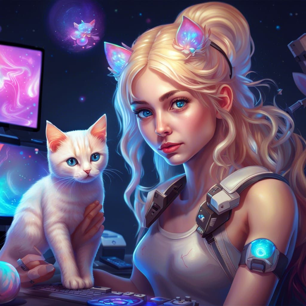 Realistic Gamer Girl with Kitten, Astral Illustration