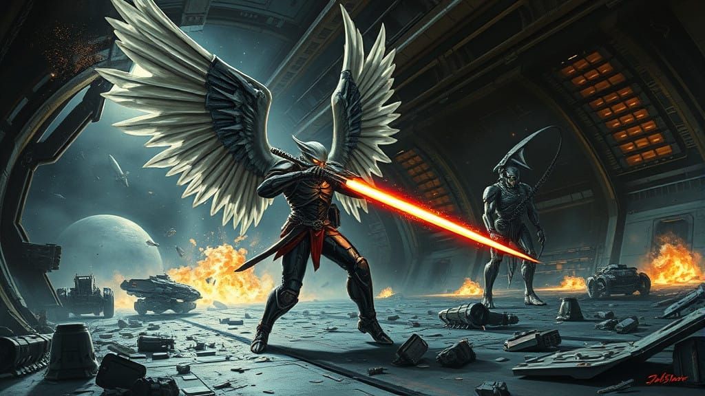 Angel Battles Orc in Dark Sci-Fi Space Hangar