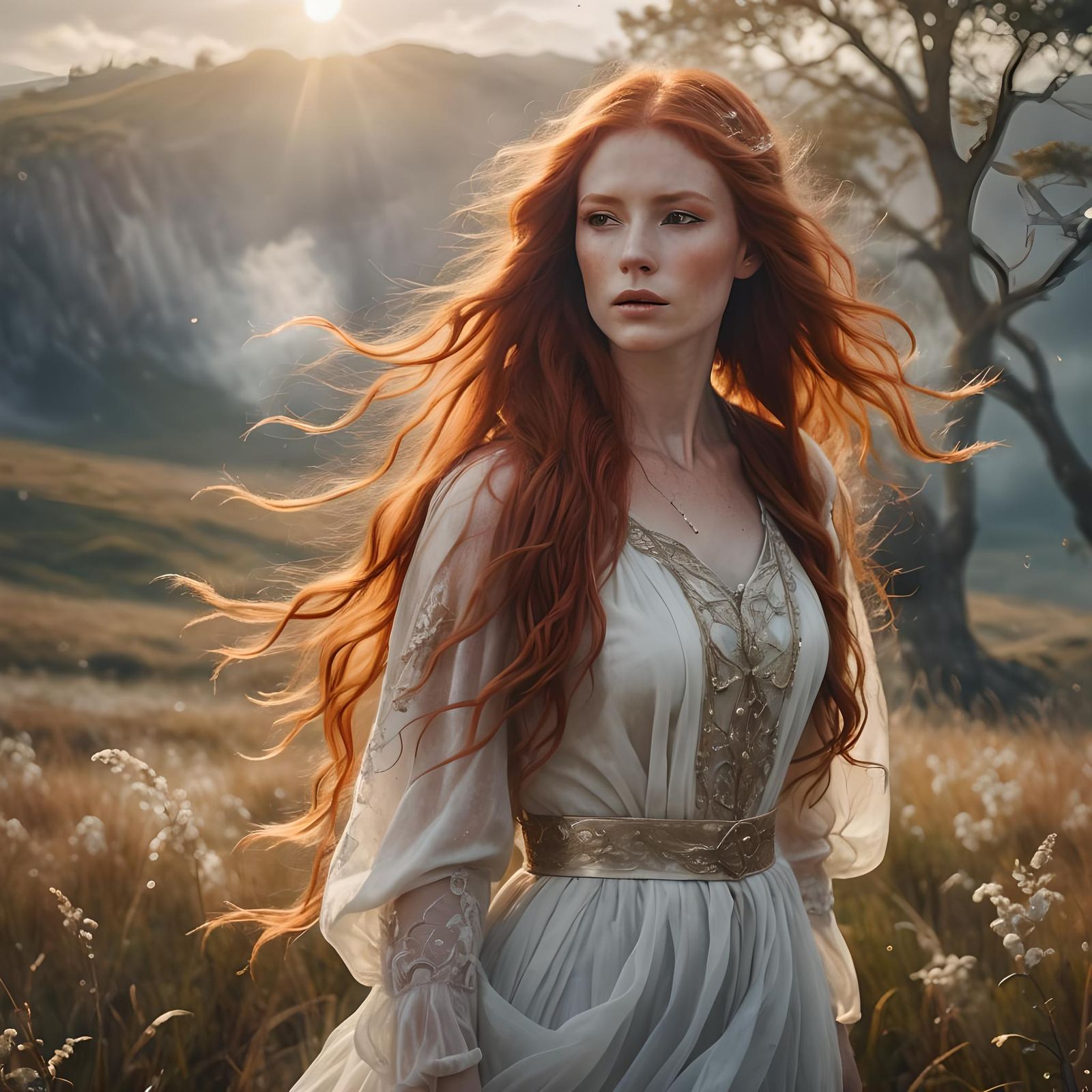 Dramatic Redhead in a Windy, Divine Landscape