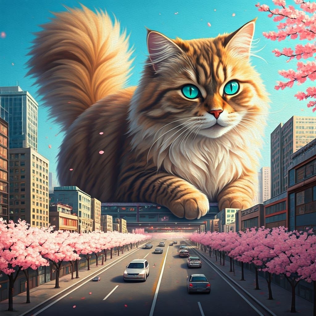 Giant Cat Lounging Above Sakura City as 3D Art