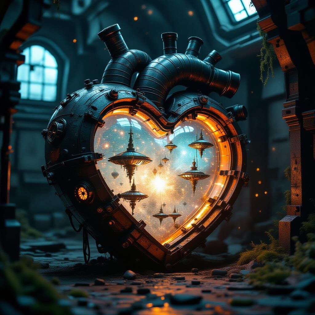 Massive Rusted Robot Heart in Ancient Lab, Gothic Sci-Fi