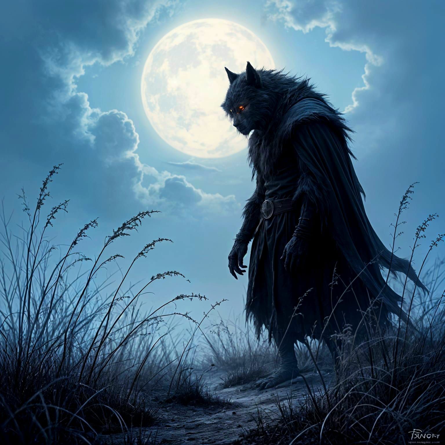 A lone werewolf, cloaked and hunched.