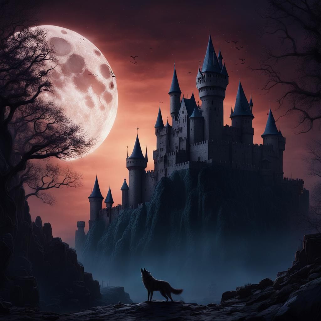 Eerie Castle Under Moonlight with Wolf Silhouette