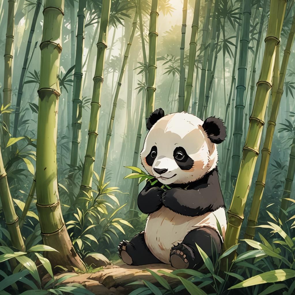 Baby Panda Hugs Bamboo in Studio Ghibli Style