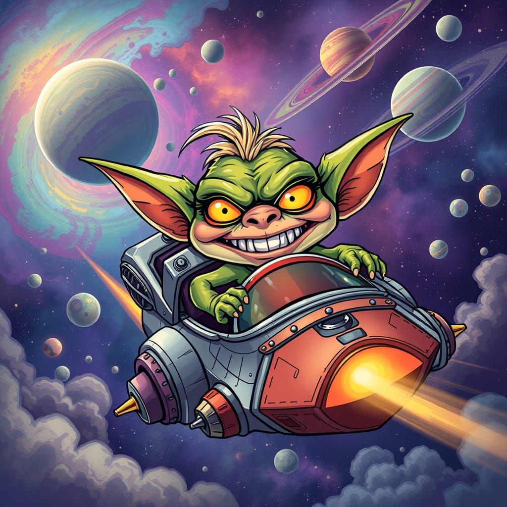 A mischievous gremlin with bright, piercing eyes and a snaggle-toothed grin, piloting a cobbled-together spaceship throu...
